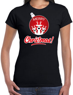 Bellatio Decorations Zwart Kerstshirt / Kerstkleding Merry Christmas voor dames met rendier kerstbal 2XL - kerst t-shirts