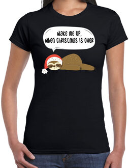 Bellatio Decorations Zwart Kerstshirt / Kerstkleding met luiaard Wake me up when christmas is over voor dames 2XL - kerst t-shirts