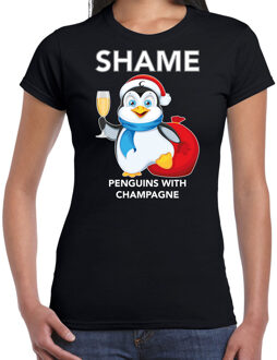 Bellatio Decorations Zwart Kerstshirt / Kerstkleding met pinguin Shame penguins with champagne voor dames XS - kerst t-shirts