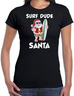 Bellatio Decorations Zwart Kerstshirt / Kerstkleding surf dude Santa voor dames XS - kerst t-shirts