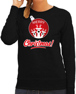 Bellatio Decorations Zwart Kersttrui / Kerstkleding Merry Christmas voor dames met rendier kerstbal 2XL - kerst truien