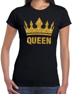 Bellatio Decorations Zwart Koningsdag Queen shirt met gouden glitter kroon dames - Zwart Koningsdag kleding XS