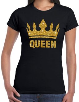 Bellatio Decorations Zwart Koningsdag Queen shirt met gouden glitters en kroon dames