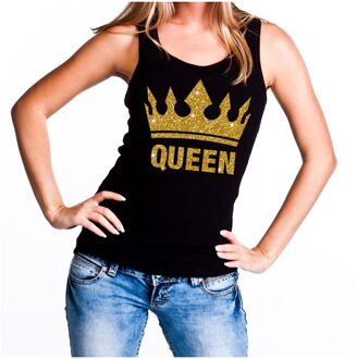 Bellatio Decorations Zwart Koningsdag Queen tanktop shirt/ singlet met gouden glitters dames - Zwart Koningsdag kleding L