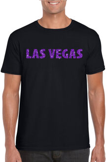 Bellatio Decorations Zwart Las Vegas t-shirt met paarse glitter letters heren S - Feestshirts