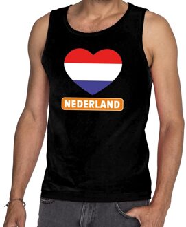 Bellatio Decorations Zwart Nederland hart in vlag singlet/ mouwloos shirt heren -  Koningsdag/voetbal kleding 2XL