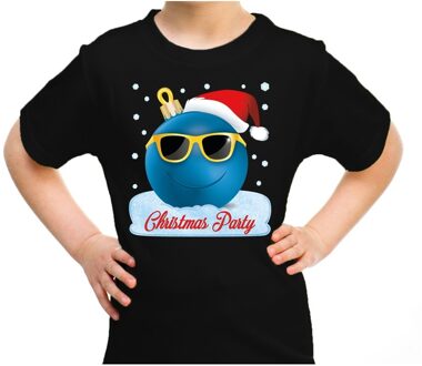 Bellatio Decorations Zwart t-shirt / kerstkleding coole blauwe kerstbal christmas party voor kinderen L (140-152) - kerst t-shirts kind