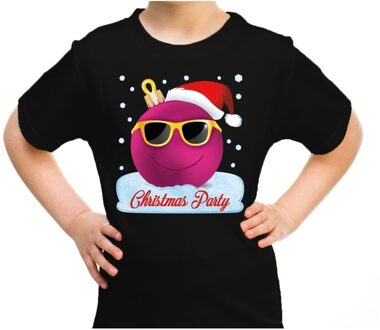 Bellatio Decorations Zwart t-shirt / kerstkleding coole roze kerstbal christmas party voor kinderen L (140-152) - kerst t-shirts kind