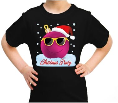 Bellatio Decorations Zwart t-shirt / kerstkleding coole roze kerstbal christmas party voor kinderen M (116-134) - kerst t-shirts kind