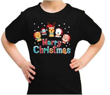 Bellatio Decorations Zwart t-shirt / kerstkleding dierenvriendjes Merry christmas voor kinderen L (140-152) - kerst t-shirts kind