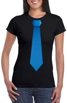 Bellatio Decorations Zwart t-shirt met blauwe stropdas dames L