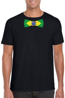 Bellatio Decorations Zwart t-shirt met Braziliaanse vlag strikje heren - Brazilie supporter XL