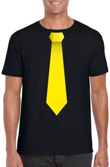 Bellatio Decorations Zwart t-shirt met gele stropdas heren