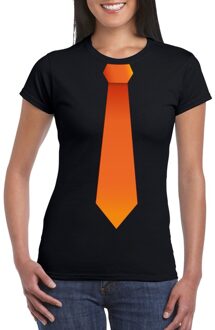 Bellatio Decorations Zwart t-shirt met oranje stropdas dames