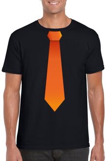 Bellatio Decorations Zwart t-shirt met oranje stropdas heren