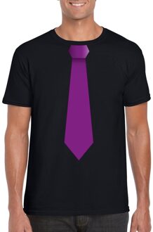 Bellatio Decorations Zwart t-shirt met paarse stropdas heren