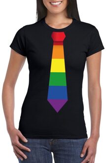 Bellatio Decorations Zwart t-shirt met regenboog vlag stropdas dames 2XL