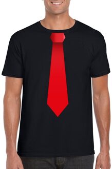 Bellatio Decorations Zwart t-shirt met rode stropdas heren