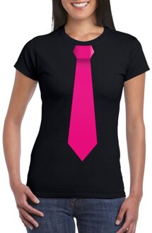 Bellatio Decorations Zwart t-shirt met roze stropdas dames L