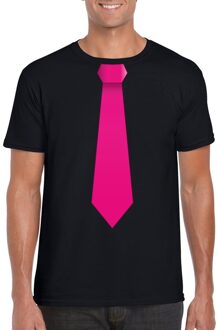 Bellatio Decorations Zwart t-shirt met roze stropdas heren L