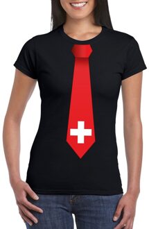 Bellatio Decorations Zwart t-shirt met Zwitserland vlag stropdas dames