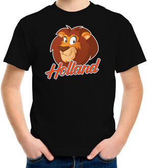 Bellatio Decorations Zwarte Holland fan t-shirt voor kinderen - cartoon leeuw - / Nederland supporter - Koningsdag / EK / WK shirt / outfit XS (110-116)