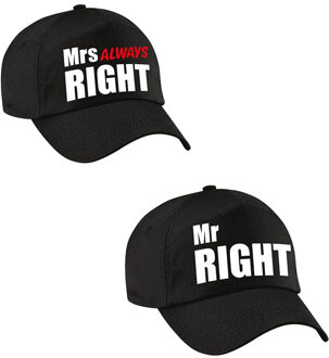 Bellatio Decorations Zwarte kadopetten / caps Mr Right en Mrs Always right met witte / roze tekst voor koppels / bruidspaar / echtpaar volwas