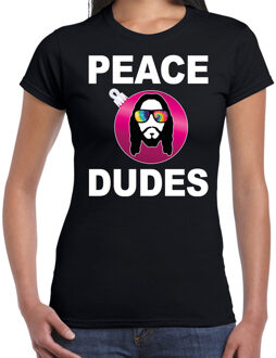 Bellatio Decorations Zwarte Kerstshirt / Kerstkleding peace dudes voor dames met social media kerstbal XS - kerst t-shirts