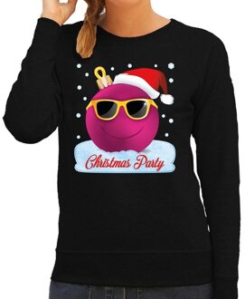 Bellatio Decorations Zwarte kersttrui / kerstkleding Christmas party met roze coole kerstbal voor dames 2XL (44) - kerst truien