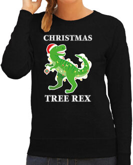 Bellatio Decorations Zwarte Kersttrui / Kerstkleding Christmas tree rex voor dames 2XL - kerst truien