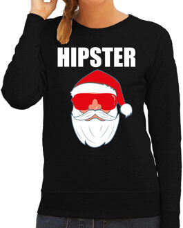 Bellatio Decorations Zwarte Kersttrui / Kerstkleding Hipster voor dames met Kerstman met zonnebril 2XL - kerst truien