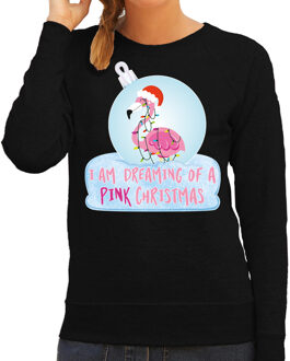 Bellatio Decorations Zwarte Kersttrui / Kerstkleding I am dreaming of a pink Christmas voor dames met flamingo kerstbal 2XL - kerst truien