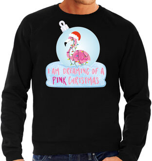 Bellatio Decorations Zwarte Kersttrui / Kerstkleding I am dreaming of a pink Christmas voor heren met flamingo kerstbal 2XL - kerst truien