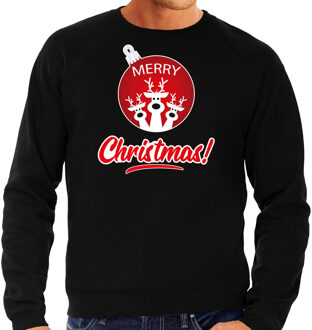 Bellatio Decorations Zwarte Kersttrui / Kerstkleding Merry Christmas voor heren met rendier kerstbal 2XL - kerst truien