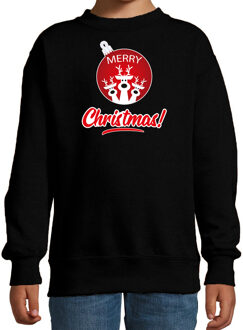 Bellatio Decorations Zwarte Kersttrui / Kerstkleding Merry Christmas voor kinderen met rendier kerstbal 12-13 jaar (152/164) - kerst truien k