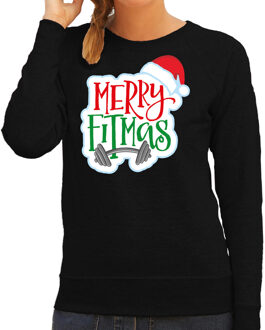 Bellatio Decorations Zwarte Kersttrui / Kerstkleding Merry fitmas voor dames 2XL - kerst truien