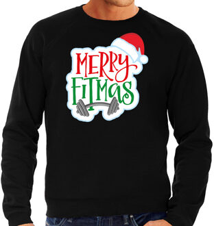 Bellatio Decorations Zwarte Kersttrui / Kerstkleding Merry fitmas voor heren 2XL - kerst truien