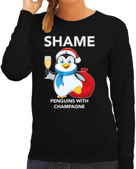 Bellatio Decorations Zwarte Kersttrui / Kerstkleding met pinguin Shame penguins with champagne voor dames 2XL - kerst truien