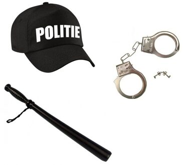 Bellatio Decorations Zwarte politie agent verkleed pet met gummiknuppel en handboeien - verkleedkleding / carnaval outfit