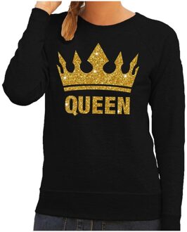 Bellatio Decorations Zwarte Queen gouden glitter kroon sweater dames 2XL