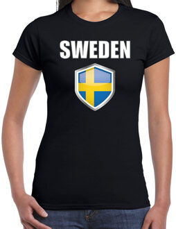 Bellatio Decorations Zweden landen supporter t-shirt met Zweedse vlag schild zwart dames