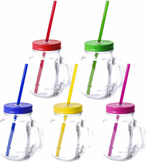 Bellatio Design 10x stuks Glazen Mason Jar drinkbekers met dop en rietje 500 ml - 5x kleuren, 2x stuks per kleur