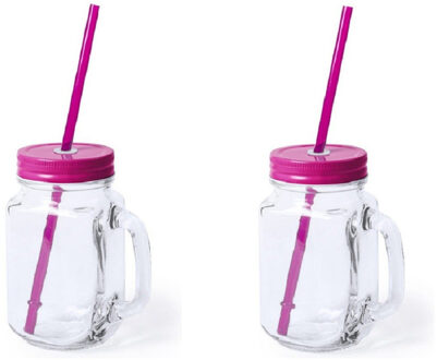 Bellatio Design 2x stuks Glazen Mason Jar drinkbekers roze dop en rietje 500 ml - afsluitbaar/niet lekken/fruit shakes