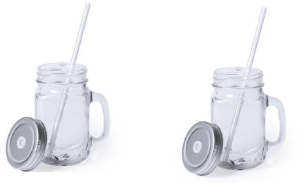 Bellatio Design 2x stuks Glazen Mason Jar drinkbekers zilvergrijze dop en rietje 500 ml - afsluitbaar/niet lekken/fruit shakes