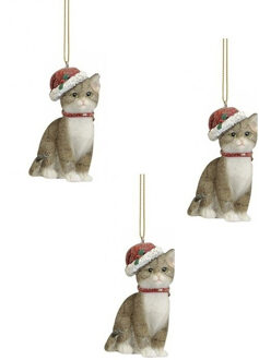 Bellatio Design 2x stuks kersthangers grijze katten met kerstmuts 9 cm - kerstboomversiering / kerstornamenten katten