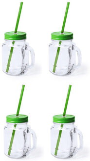 Bellatio Design 4x stuks Glazen Mason Jar drinkbekers groene dop en rietje 500 ml - afsluitbaar/niet lekken/fruit shakes