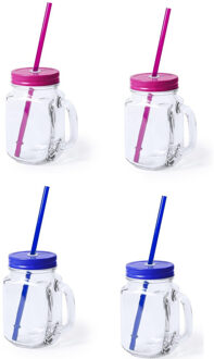 Bellatio Design 4x stuks Glazen Mason Jar drinkbekers met dop en rietje 500 ml - 2x blauw/2x roze - afsluitbaar/niet lekken/fruit shakes