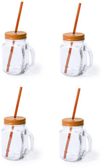 Bellatio Design 4x stuks Glazen Mason Jar drinkbekers oranje dop en rietje 500 ml - afsluitbaar/niet lekken/fruit shakes