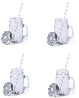 Bellatio Design 4x stuks Glazen Mason Jar drinkbekers - zilvergrijze dop en rietje -  500 ml