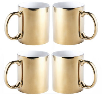 Bellatio Design 4x stuks koffiemok/drinkbeker goud metallic keramiek 350 ml - Bekers Goudkleurig